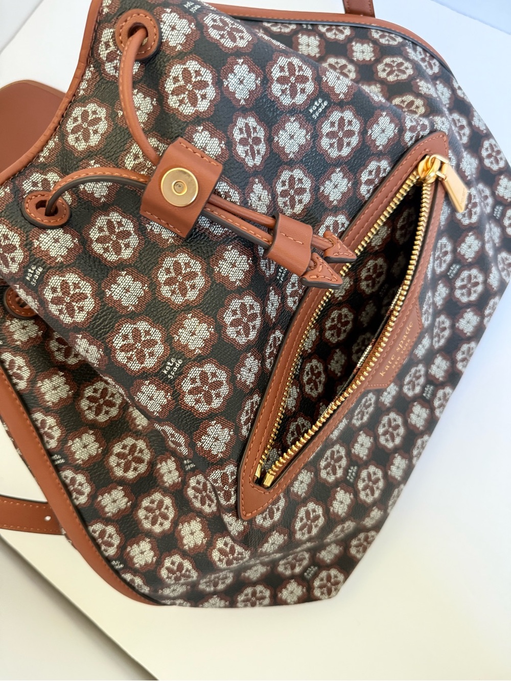 Kate Spade Flower Monogram Medium Backpack Brown Travel Bag - Picture 9 of 14